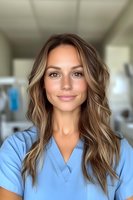 Young female healthcare worker in blue medical scrubs with long wavy blonde hair smiling warmly at camera in hospital setting. Professional portrait with soft background blur.