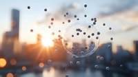 Raindrops on window glass with blurred urban skyline at sunset creating atmospheric bokeh effect for mood and contemplative themes.