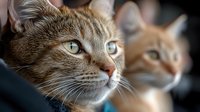 Two attentive cats with bright eyes looking in same direction, close-up portrait showing detailed fur texture and whiskers against blurred background.