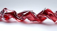 Abstract red twisted glass spiral shape on light background, modern minimalist design element with glossy transparent surface and dynamic flow pattern.