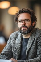 Middle-aged Caucasian man with curly hair and beard wearing glasses and gray sweater in modern office setting with warm lighting for business portraits.