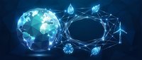 Glowing polygonal Earth globe connected to eco sustainability icons in a blue digital network, symbolizing green energy and environmental technology.