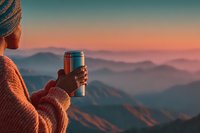 Woman in knit sweater and hat holding travel mug while enjoying breathtaking mountain sunrise with layered peaks and colorful gradient sky.