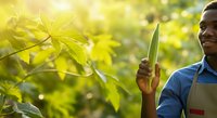 Young male farmer in blue shirt examining green leaf in lush agricultural field during daytime, suitable for farming, agriculture, and sustainability content.