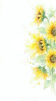 Watercolor sunflowers with green leaves on white background creating elegant floral border design for greeting cards and wedding invitations.