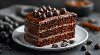 Decadent chocolate layer cake slice with dark ganache frosting and chocolate chips on top, served on white plate against dark background. Fresh homemade dessert.
