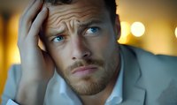Concerned Caucasian businessman with beard showing stress and anxiety, hand on head against blurred evening city lights background in modern office setting.