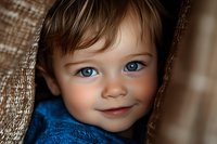 Adorable toddler boy with bright blue eyes and blonde hair wearing blue sweater, smiling warmly while wrapped in cozy knit blanket for family portraits.