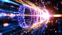 Glowing energy portal with blue and purple particles swirling in spiral formation against dark background, light rays and sparkles creating futuristic tunnel effect.