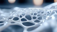 Macro view of delicate organic mesh structure with circular holes and flowing curves against blurred blue background, creating abstract cellular pattern.