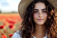 Young Mediterranean woman with curly brown hair and straw hat smiling in red poppy field during summer sunset, wearing white casual top, natural beauty outdoors.