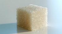 Single sugar cube with crystalline texture on reflective surface against soft blue background, macro photography highlighting sweetener details and sparkle.
