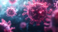 Microscopic view of pink glowing virus cells floating in dark blue space with bokeh light effects, scientific medical visualization for healthcare concepts.