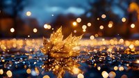 Golden maple leaf on wet surface with magical bokeh lights reflecting in water drops during autumn evening, creating dreamy atmospheric mood.