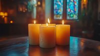 Burning candles on wooden table in church interior with stained glass windows creating spiritual atmosphere for prayer and meditation.