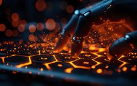 Glowing hexagonal keyboard with orange backlight and robotic fingers typing in dark atmosphere with bokeh effects and particles. For gaming and technology concepts.