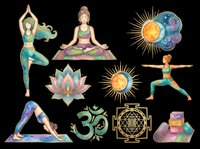 Yoga clipart set with women in poses, lotus, om symbol, sun, moon, and mandala, isolated on transparent background. For stickers, T-shirts, print on demand.