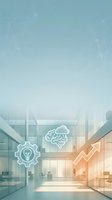 Neon brain and lightbulb icons with upward arrow overlay modern office interior, representing innovation, creativity, and business growth strategy for corporate design.