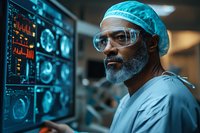 Senior African American male surgeon with beard wearing scrubs, cap and protective glasses analyzing medical scans on multiple monitors in hospital operating room.