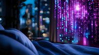 Glowing purple and blue digital light streams cascade against dark cityscape view from cozy bed, creating magical nighttime atmosphere for technology concepts.