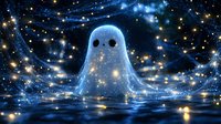 Glowing ghostly figure emerging from dark water against starry night sky, magical blue spirit with sparkles and light reflections creates mystical atmosphere.