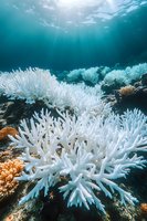 Bleached white coral reef underwater with sunlight rays penetrating turquoise ocean water showing marine ecosystem damage and climate change effects.