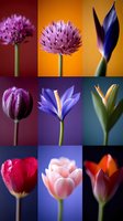 Artistic collage of nine different flower macro photographs featuring tulips, allium, and exotic blooms against vibrant colored backgrounds, showcasing delicate petals and stems.