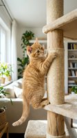 Orange tabby kitten climbing wooden cat tree with jute rope wrapping in bright living room with plants and bookshelf, showcasing pet furniture and indoor play environment.
