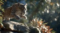 Majestic leopard perched on rocky ledge in natural habitat, sunlight filtering through foliage creates dramatic atmosphere for wildlife photography.