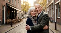 Happy senior Caucasian couple embracing on charming European cobblestone street with outdoor cafe terrace. Elderly man and woman showing love and affection in autumn.