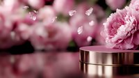 Pink carnation flowers with falling petals and elegant rose gold cosmetic jar for beauty product display and spring marketing campaigns.