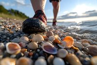 Close-up of running shoes on pebble beach with seashells and waves at sunset, low angle perspective capturing motion and natural coastal atmosphere.