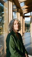 Mature woman with gray curly hair wearing dark green linen shirt standing in modern wooden corridor with large windows overlooking mountain landscape and forest scenery during daytime.