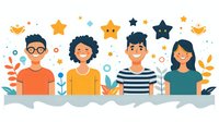 Diverse group of happy young people with floral and star decorative elements, perfect for social media, education, or community projects. Cheerful cartoon illustration for inclusive design.