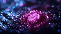 Glowing pink digital fingerprint on microchip with circuit board background illuminated by neon lights, representing cybersecurity and biometric authentication technology.