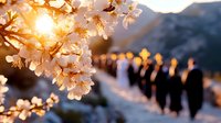 Romantic outdoor wedding ceremony at sunset with cherry blossoms in foreground, silhouettes of wedding party lined up against mountain backdrop, golden light.