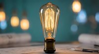 Vintage Edison bulb glowing with warm filament on wooden desk against blurred bokeh lights background for creative workspace and innovation concepts.