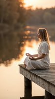 Young woman meditating in lotus pose on wooden dock at sunset by lake. Peaceful mindfulness practice in nature with warm golden light and serene water reflections.