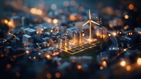 Miniature city model with glowing wind turbine and solar panels at night, illuminated by bokeh lights. Sustainable energy concept in urban environment.