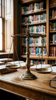 Vintage brass scales of justice on wooden desk in traditional law library with books and natural window light for legal concepts.