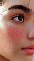 Close-up portrait showing brown eye, natural freckles, and glowing skin with soft lighting. Detailed view captures eyelashes, eyebrow, and delicate facial features.