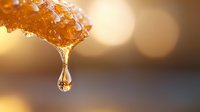 Golden honey dripping from honeycomb with crystal clear drop falling against blurred warm background, macro food photography showing sweet natural product.