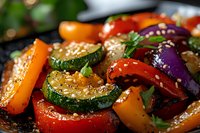 Colorful grilled vegetables with sesame seeds in macro view. Fresh zucchini, bell peppers, and eggplant slices garnished with herbs and seasonings on dark surface.