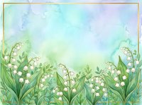 Watercolor lily of the valley floral frame with gold border on soft blue-green background, perfect for greeting cards and invitations.