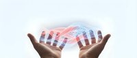 Digital holographic globe floating above open hands with futuristic data visualization and glowing network connections for technology presentations.