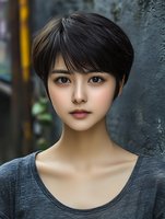 Young Asian woman with stylish short brown hair and natural makeup looking at camera in urban setting for lifestyle and beauty concepts.