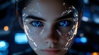 Young woman with glowing blue eyes and luminous geometric patterns on face against dark background with bokeh lights, futuristic cyberpunk style portrait.