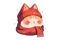 Cozy ginger cat wrapped in warm red winter scarf and beanie hat, smiling with closed eyes. Cute cartoon character on white background for seasonal greeting cards.
