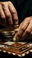 Elderly hands moving wooden chess piece on ornate board showcasing strategic thinking and traditional board game mastery in warm lighting.