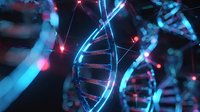 Glowing DNA double helix structure with luminous connections and molecular bonds in futuristic digital biotechnology visualization for scientific research.